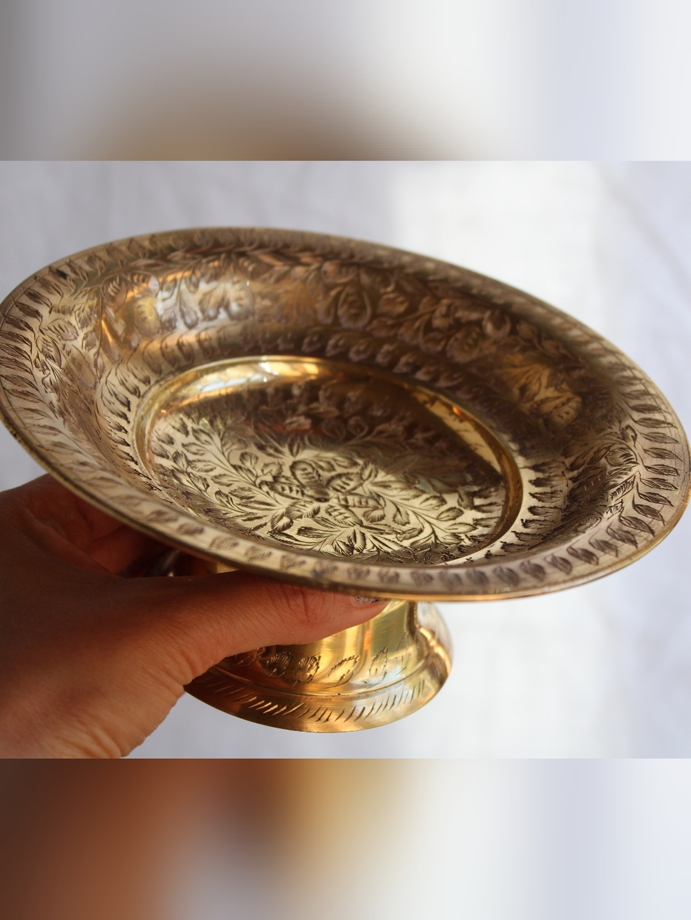 Vintage Engraved Brass Compote Pedestal Bowl